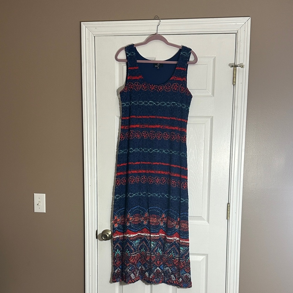 Ronni Nicole Navy Maxi Dress with Red and Teal Pattern